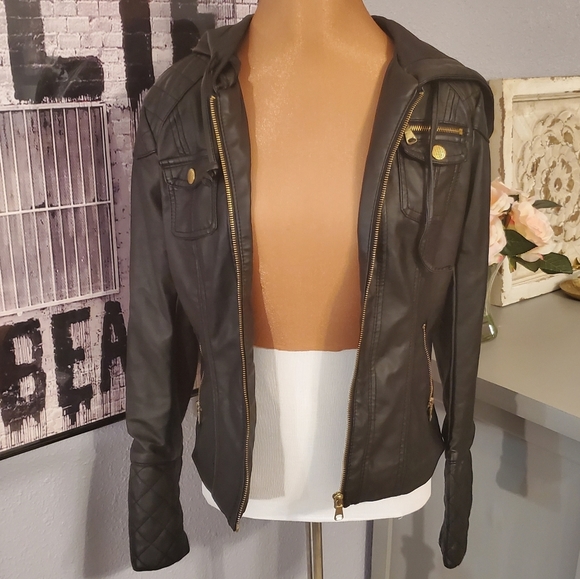 Ci Sono Jackets & Blazers - Hooded Faux Leather Jacket Sz Sm